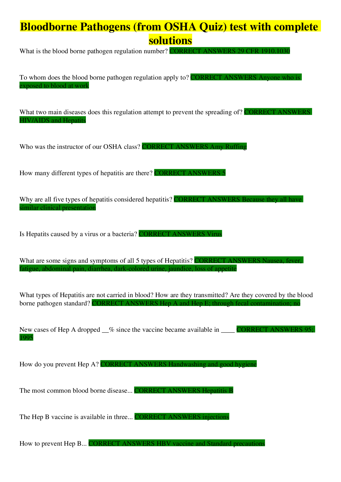 Preview image for Bloodborne Pathogens (from OSHA Quiz) test with complete solutions